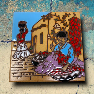 Vtg 1990 Earthtones 6" Ceramic Tile L. Kuhne Women Villagers Southwestern Adobe